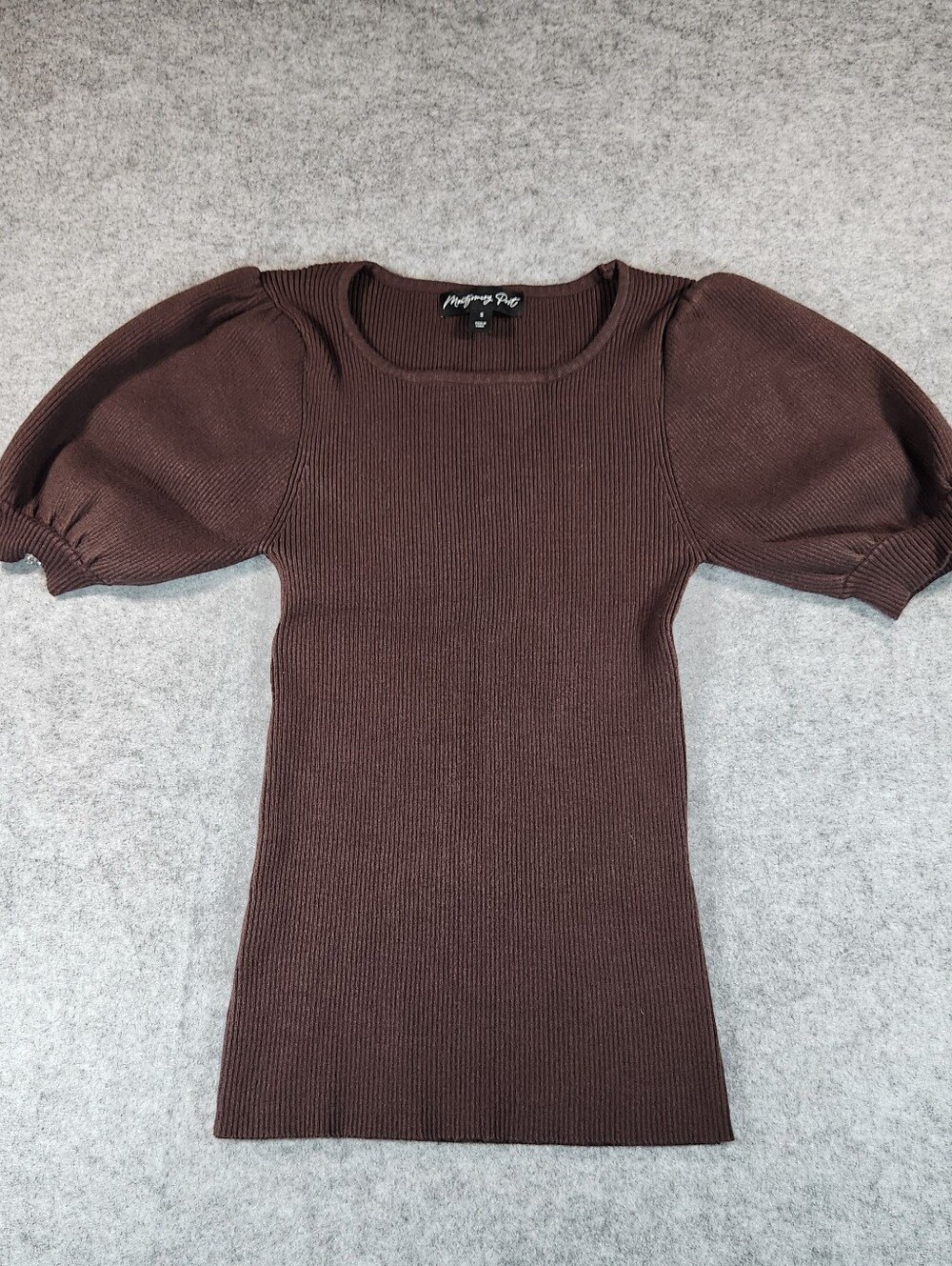 Montgomery Post Stitch Fix Chocolate Brown Ribbed Short Puff Sleeve Sweater